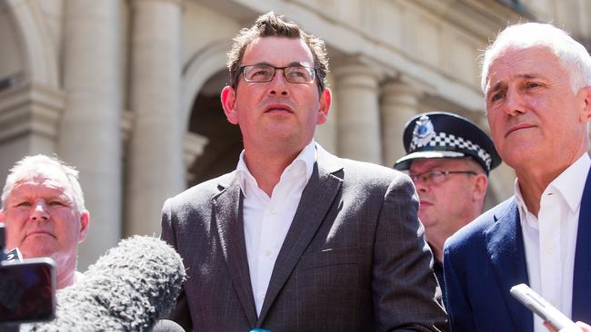 Lord Mayor Robert Doyle, Premier Daniel Andrews, Chief Commissioner Graham Ashton and Prime Minister Malcolm Turnbull at a press conference in Bourke Street on Sunday Picture: Paul Jeffers/Getty Images