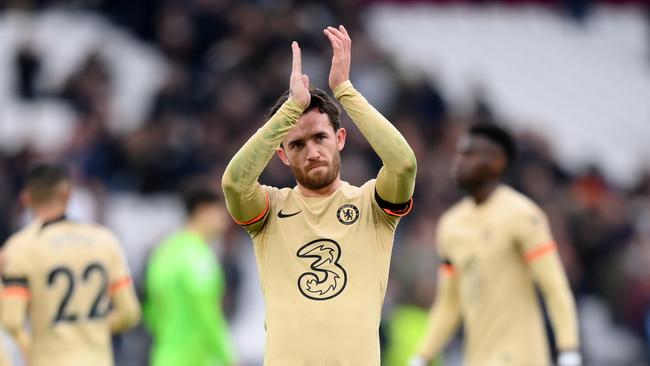 Ben Chilwell applauds the fans. Photo by Justin Setterfield/Getty Images