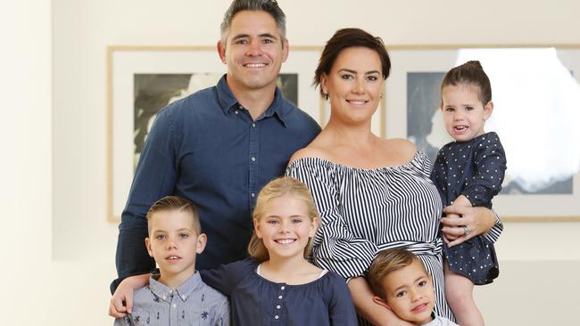 Broncos legend Corey Parker and wife Margaux have a sporting family. Children Wylei (bottom left), Memphis, Jagger and River. Picture: AAP