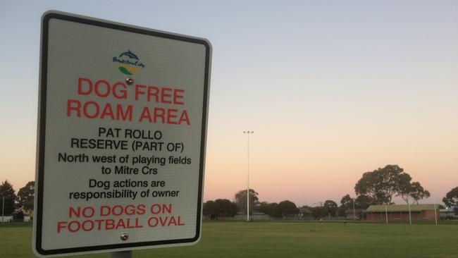 A sign stating dogs are banned from the oval at the Pat Rollo Reserve, Frankston North. Picture: Christian Tatman