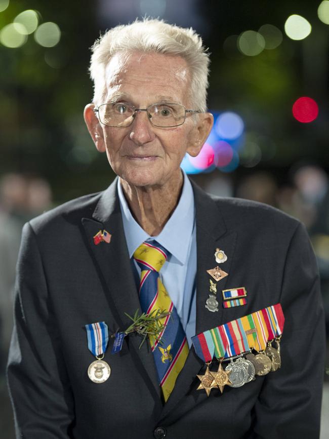 WWII veteran Leonard McLeod at the Martin Place Cenotaph war memorial in Sydney. Picture: NCA NewsWire / Jeremy Piper