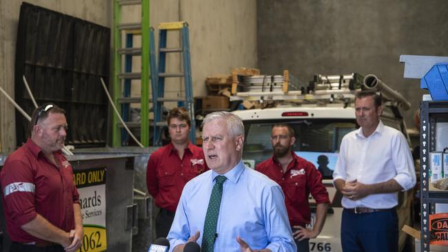 Deputy Prime Minister Michael McCormack visits Toowoomba business Paul Wiedman Electrical, in background are (from left) owner Paul Wiedman and employees Elliott Bruffer and Alex Rauchle and Groom LNP candidate Garth Hamilton, Monday, November 23, 2020. Picture: Kevin Farmer