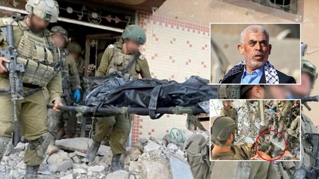 Hamas leader Yahya Sinwar (top right) is carried out in a bodybag (main) after being found in the rubble of a building after an Israeli attack in Gaza. Pictures: Supplied