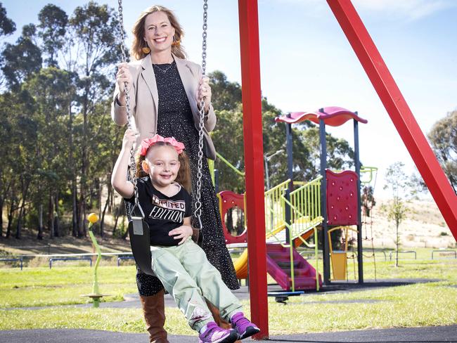 Labor Leader Rebecca White and Brooklyn Pregnell 6 at Cris Fitzpatrick Park, Gagebrook. Picture: Chris Kidd