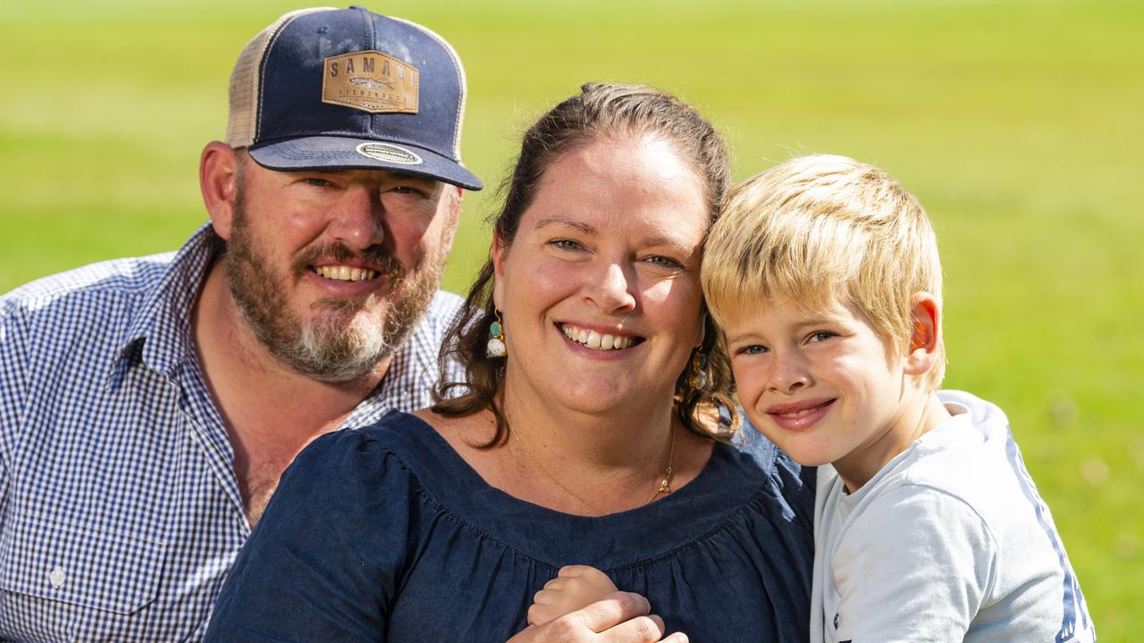 Claire Howden celebrates Mother's Day with husband Brad Howden and son Pax Howden in the Queensland State Rose Garden, Newtown Park, Sunday, May 8, 2022. Picture: Kevin Farmer