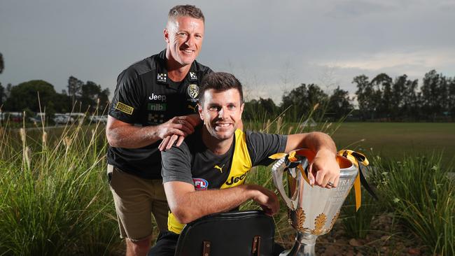 Richmond coach Damien Hardwick with his captain Trent Cotchin and the cup. Picture: Sarah Reed