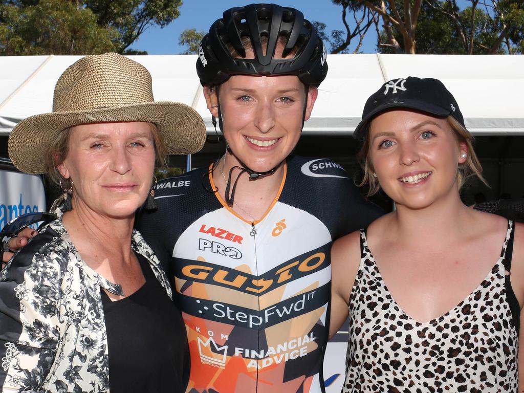 Heidi, Jess and Ruby Mundy at the Santos TDU, Stage 4 Adelaide Street Circuit, on Sunday, January 13. Picture: AAP/Emma Brasier