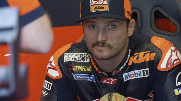 SCARPERIA, ITALY - JUNE 01: Jack Miller of Australia and Bull KTM Factory Racing looks on in box during the MotoGp qualifying practice during the MotoGP Of Italy - Qualifying  at Mugello Circuit on June 01, 2024 in Scarperia, Italy. (Photo by Mirco Lazzari gp/Getty Images)