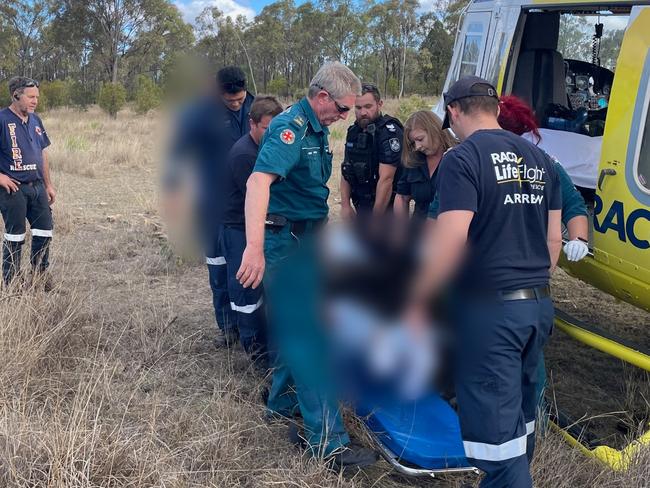 The Bundaberg RACQ LifeFlight Rescue helicopter crew has airlifted a man to hospital after his motorbike hit a kangaroo while he was riding with a friend in the North Burnett region on July 15, 2023.