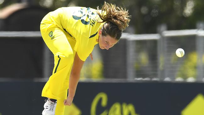 Darcie Brown sends down some heat for the Aussies. Picture: Getty Images