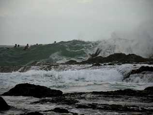 Surfers make the most of the big swell at Snapper Rocks. Picture: Mark Furler