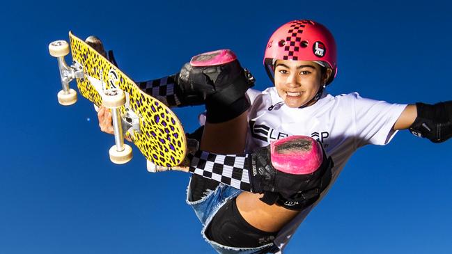 Skaters.Level Up Australia National Sports Academy has eight high class skateboarders, aged in their teens and younger, who are destined for the Olympics. Two are already set for Paris 2024 Games in Ash Wilcomes and Arisa Trew.Pictured 13-year-old Arisa Trew.Picture: Nigel Hallett