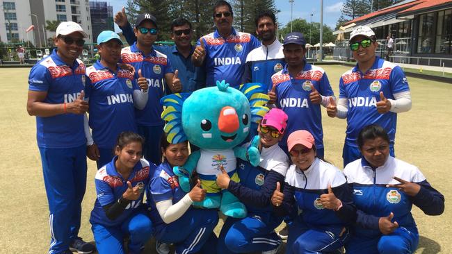 India's Commonwealth Games bowls squad with a mini-Borobi at the Broadbeach Bowls Club. Picture: Supplied