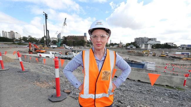 Kate Jones at a Cross River Rail site. There were seven cranes at three Cross River Rail sites. Picture: Annette Dew