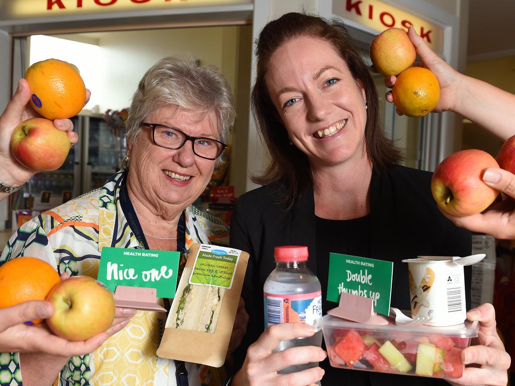 Sandringham volunteer Carol Anderson and dietitian Kia Noble with healthy food options at the kiosk. Picture: Josie Hayden