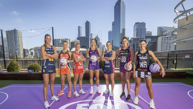 Super Netball stars at the Fox Netball launch: (L-R) Cara Koenen, Jamie-Lee Price, Paige Hadley, Gretel Bueta, Liz Watson, Matilda Garrett and Kelsey Browne. Picture: Alex Coppel.