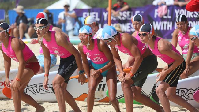 Competitors waiting in relay events on the final day of the 2023 NSW Surf Life Saving Country Championships at One Mile Beach, Forster. Photo: Shane Abrahamson/SLS NSW.