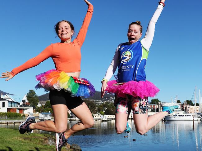 Rhiannon Slaughter with Stacey Hjorth who are doing the run to the pinnacle for the first time. 2021 Point to Pinnacle walk and run from Wrestpoint to the top of kunanyi/Mount Wellington. Picture Nikki Davis-Jones