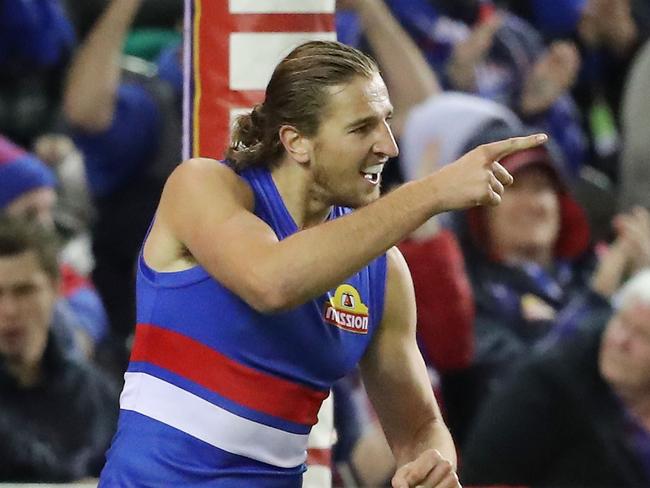 MELBOURNE, AUSTRALIA - MAY 06:  Marcus Bontempelli of the Bulldogs celebrates after kicking a goal during the round seven AFL match between the Western Bulldogs and the Richmond Tigers at Etihad Stadium on May 6, 2017 in Melbourne, Australia.  (Photo by Scott Barbour/Getty Images)