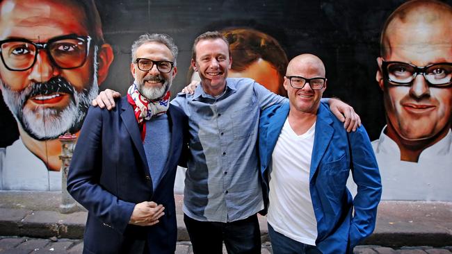 Massimo Bottura with Dan Hunter and Heston Blumenthal in Melbourne for the World’s 50 Best Restaurants awards in 2017.