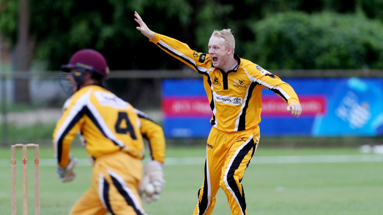 Cricket Far North – Round 15 Norths v Rovers at Griffiths Park. Norths' Ben McCartney celebrates taking a wicket. Picture: Stewart McLean