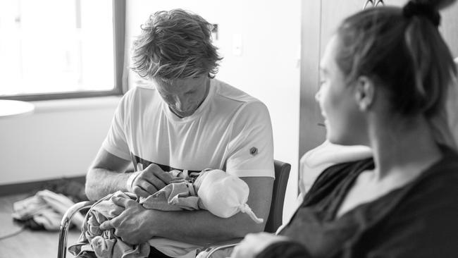 Rory and Belinda Sloane With baby Leo. Picture: Supplied