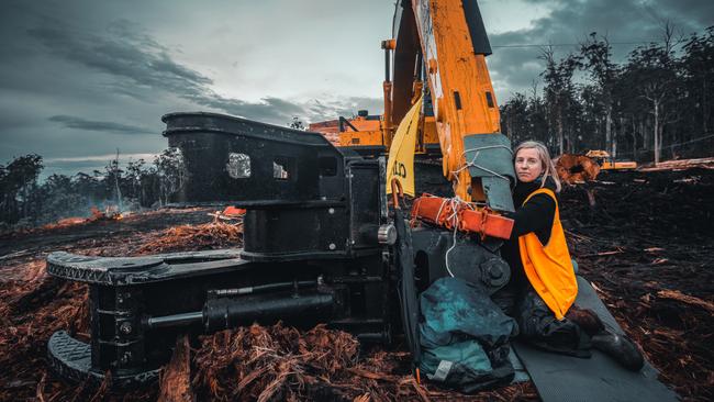 Forest protester Sarah Van Est was arrested and charged with trespass at Mt Field after police brought in steel cutters to remove her from logging machinery that she'd chained her hands in, inside a metal pipe. Picture: BOB BROWN FOUNDATION