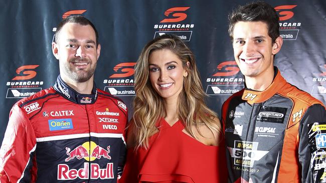 Supercars ambassador Delta Goodrem with Supercars drivers Shane van Gisbergen and Nick Percat. Picture: Sarah Reed