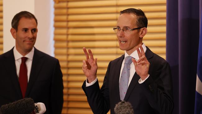 Treasurer Jim Chalmers (left) watches as Andrew Leigh speaks to the media in late April. Picture: Tim Hunter