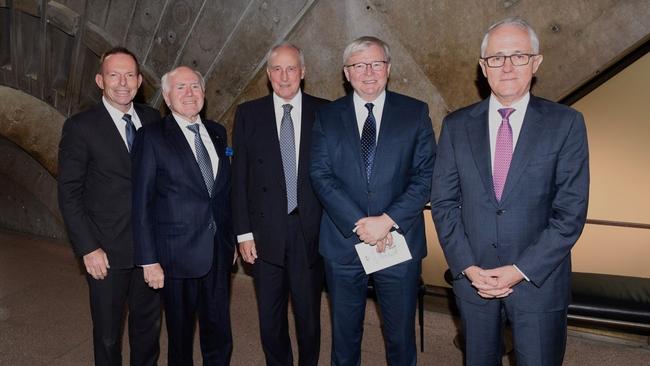 Recent former Prime Ministers, excluding Julia Gillard attended Bob Hawke’s funeral at the Opera House. Picture: David Foote