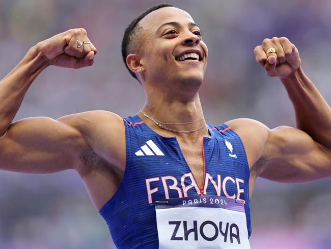 PARIS, FRANCE - AUGUST 04: Sasha Zhoya of Team France celebrates during the Men's 110m Hurdles Round 1 on day nine of the Olympic Games Paris 2024 at Stade de France on August 04, 2024 in Paris, France. (Photo by Hannah Peters/Getty Images)