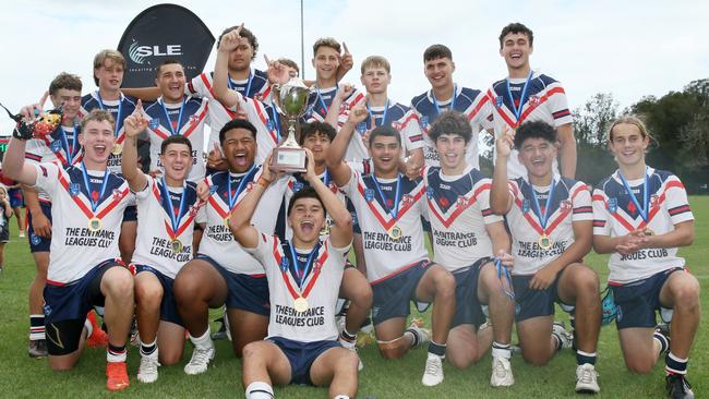 Central Coast Roosters celebrate a win in the Andrew Johns Cup grand final in 2023. Picture: Sue Graham