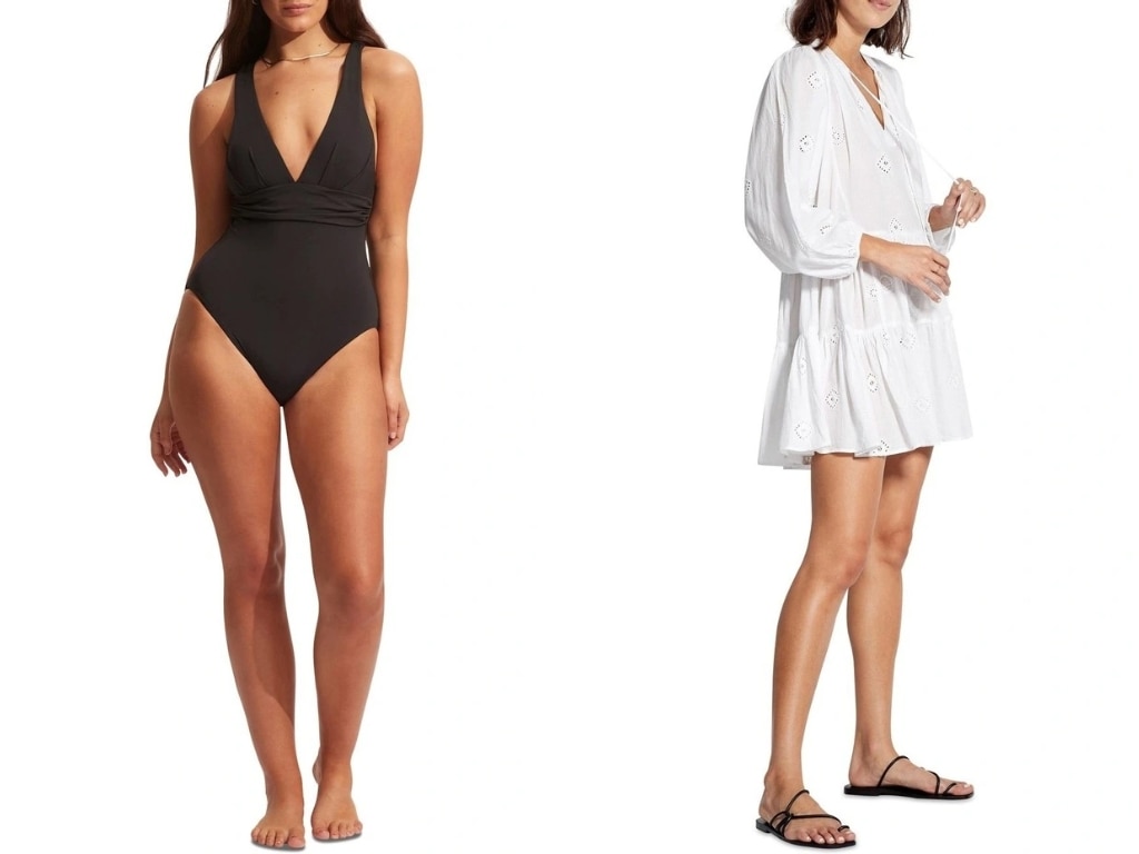 Seafolly Collective Cross Back One Piece Swimsuit In Black and Embroidery Tiered Dress in White. Picture: Myer.