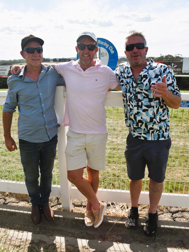 Scott Brain, Mick Adkins, Peter Ritter having an action-packed day at the Ladbrokes Stony Creek Cup on Sunday, March 09, 2025. Picture: Jack Colantuono