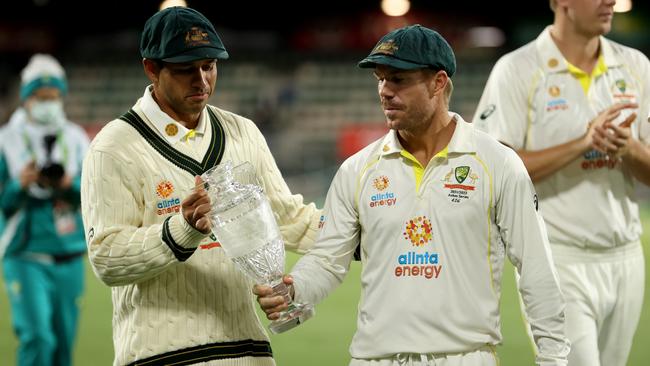 Khawaja and David Warner take in the moment on Sunday night. Picture: Robert Cianflone/Getty Images