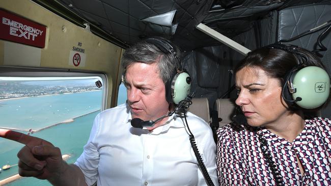 Queensland LNP leader Tim Nicholls and deputy leader Deb Frecklington during a helicopter flight over Townsville on Thursday. Picture: Dave Hunt/ AAP