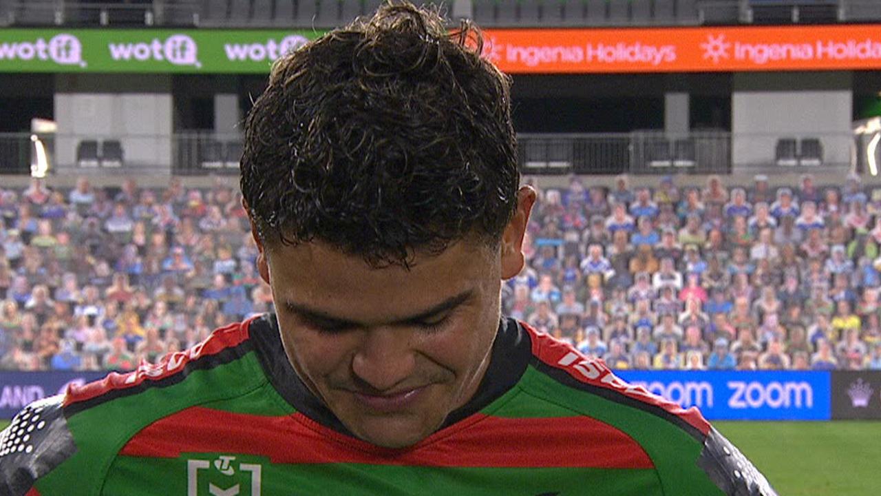 Latrell Mitchell gets emotional during a post-game interview.