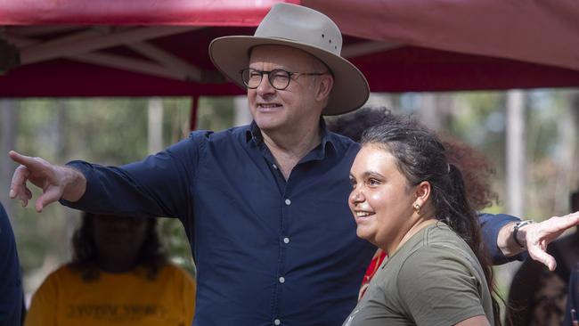 Prime Minister Anthony Albanese with Siena Stubbs, a young Yonglu women and leader at this year's youth forum at Garma. Picture: Peter Eve/YYF