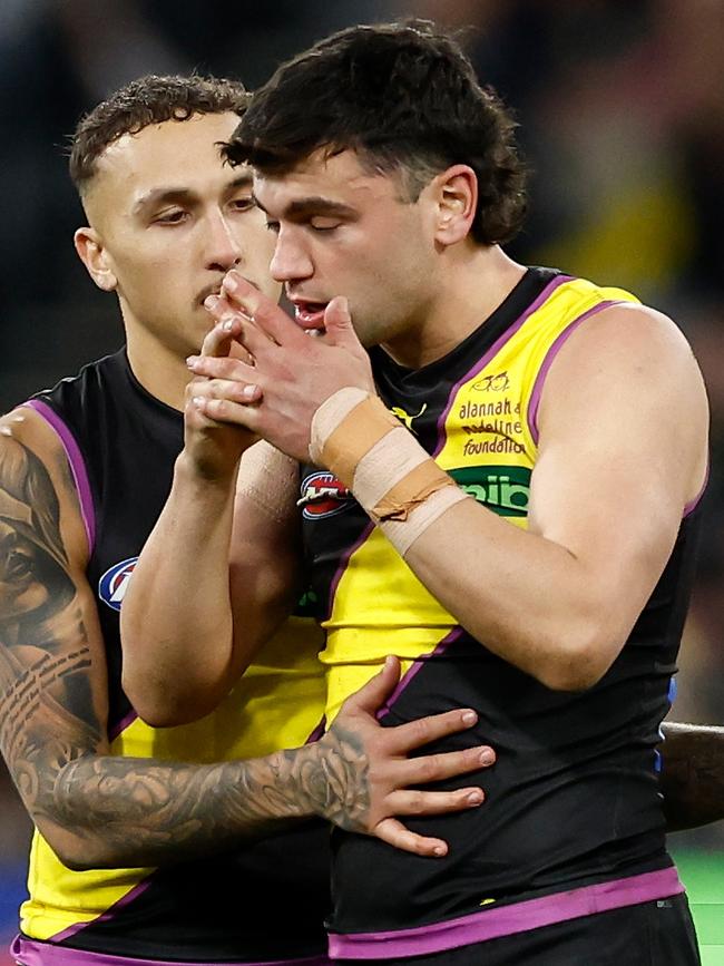 Tim Taranto left the field after a heavy collision. Picture: Michael Willson/AFL Photos via Getty Images.