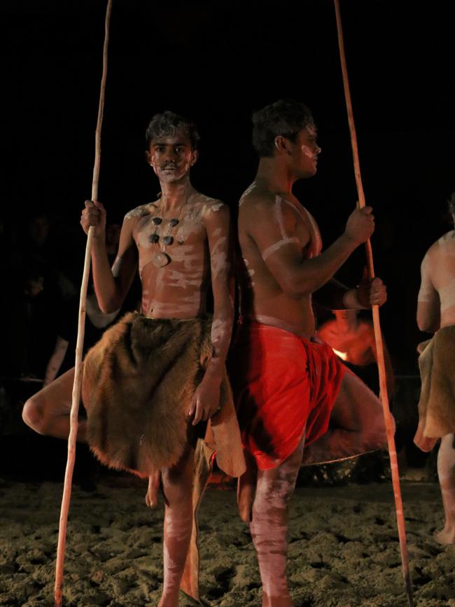 Aboriginal dancers perform at the opening ceremony for Dark Mofo 2021. The dancers led a Home State Reclamation Walk taking visitors to the Home State nipaluna installation at Dark Downtown on Liverpool St. Picture: Annie McCann.