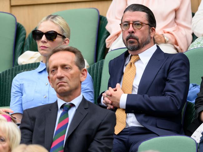 LONDON, ENGLAND - JULY 02: Dave Grohl and Jordyn Blum attend day two of the Wimbledon Tennis Championships at the All England Lawn Tennis and Croquet Club on July 02, 2024 in London, England. (Photo by Karwai Tang/WireImage)