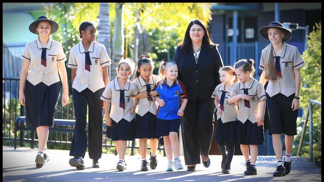 Education Minister Grace Grace with students from Stretton State College. Picture: Jamie Hanson