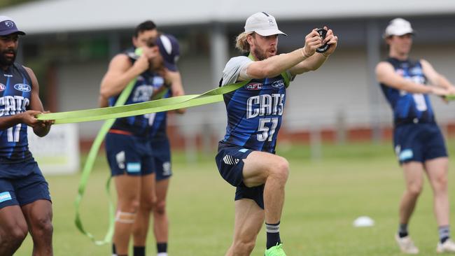 Esava Ratugolea and Cam Guthrie. Geelong welcomed back its full list for the first day of training held at North Shore football ground in Norlane on Monday afternoon. Picture: Alan Barber