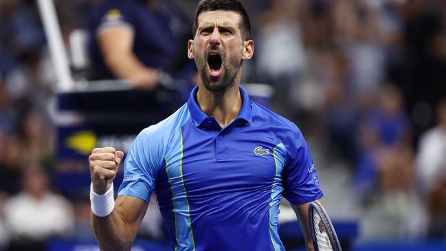 NEW YORK, NEW YORK - SEPTEMBER 10: Novak Djokovic of Serbia celebrates after a point against Daniil Medvedev of Russia during their Men's Singles Final match on Day Fourteen of the 2023 US Open at the USTA Billie Jean King National Tennis Center on September 10, 2023 in the Flushing neighborhood of the Queens borough of New York City. (Photo by Elsa/Getty Images)