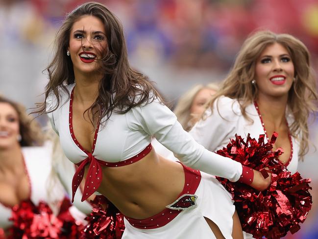 GLENDALE, ARIZONA - SEPTEMBER 15: Arizona Cardinals cheerleaders perform during the NFL game at State Farm Stadium on September 15, 2024 in Glendale, Arizona. The Cardinals defeated the Rams 41-10. (Photo by Christian Petersen/Getty Images)