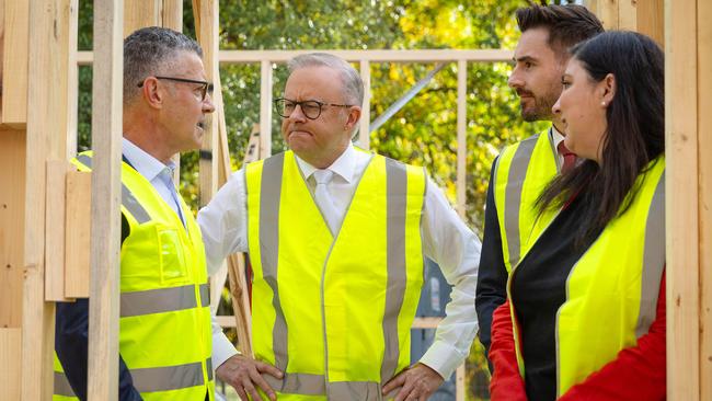 The Prime Minister tours a housing construction site in Victoria. Picture: Mark Stewart / NewsWire