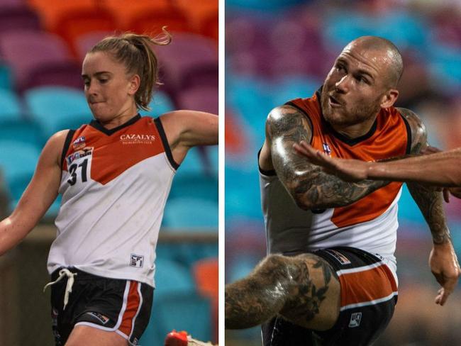 Gabrielle Deller and Jayden Magro playing for the NTFL Buffaloes in the 2024 rep game. Picture: Pema Tamang Pakhrin