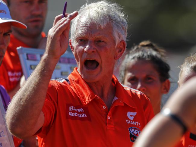 FREMANTLE, AUSTRALIA - MARCH 03: Alan McConnell, Senior Coach of the Giants gives orders to the players during 3 quarter time during the round five AFLW match between the Fremantle Dockers and the Greater Western Sydney Giants at Fremantle Oval on March 3, 2018 in Fremantle, Australia. (Photo by Getty Images/Getty Images)