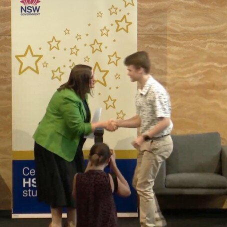 Oxford Falls Grammar School year 11 student Matthew Eatough receives his 'first in subject' award from NSW Education Minister Sarah Mitchell for topping 2022 HSC Mathematics Advanced. Picture: Supplied