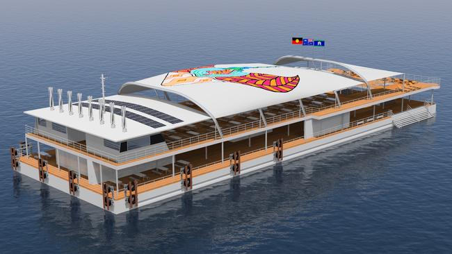 Construction is well under way on Experience Co’s new Dreamtime Island tourist pontoon to be stationed at Moore Reef from 2022. Picture: Supplied